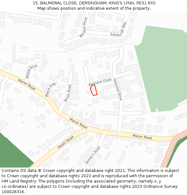 15, BALMORAL CLOSE, DERSINGHAM, KING'S LYNN, PE31 6YG: Location map and indicative extent of plot