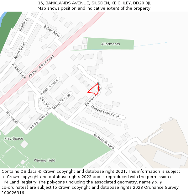 15, BANKLANDS AVENUE, SILSDEN, KEIGHLEY, BD20 0JL: Location map and indicative extent of plot