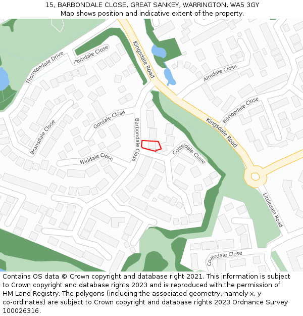 15, BARBONDALE CLOSE, GREAT SANKEY, WARRINGTON, WA5 3GY: Location map and indicative extent of plot