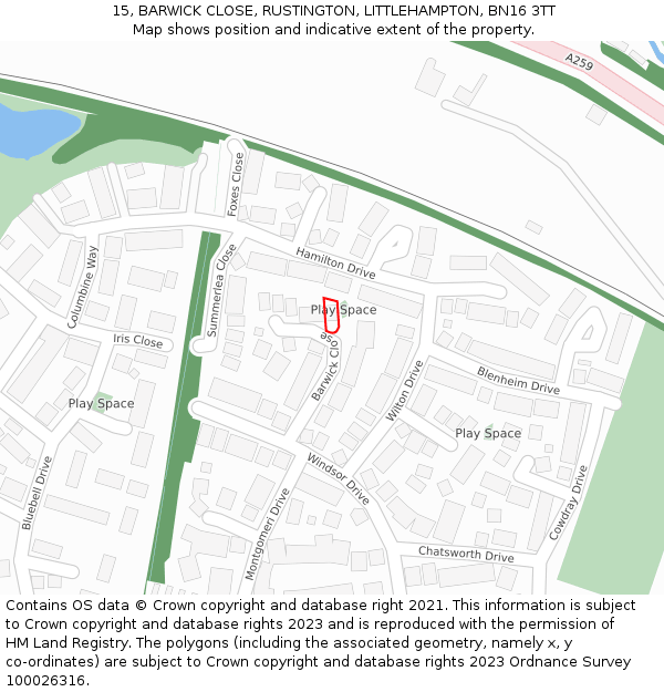 15, BARWICK CLOSE, RUSTINGTON, LITTLEHAMPTON, BN16 3TT: Location map and indicative extent of plot