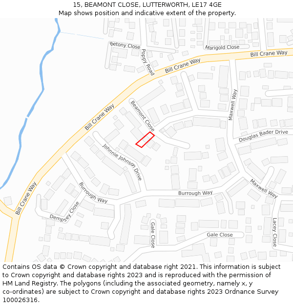 15, BEAMONT CLOSE, LUTTERWORTH, LE17 4GE: Location map and indicative extent of plot