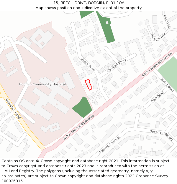 15, BEECH DRIVE, BODMIN, PL31 1QA: Location map and indicative extent of plot
