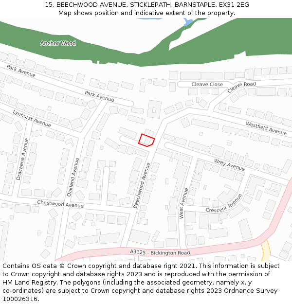 15, BEECHWOOD AVENUE, STICKLEPATH, BARNSTAPLE, EX31 2EG: Location map and indicative extent of plot