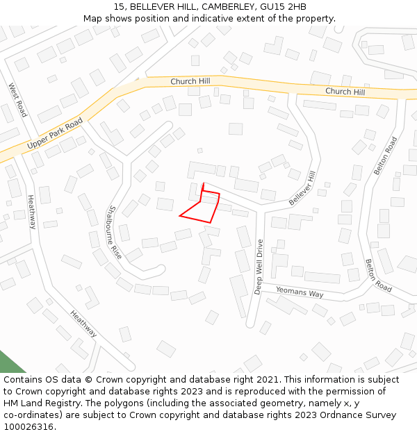 15, BELLEVER HILL, CAMBERLEY, GU15 2HB: Location map and indicative extent of plot