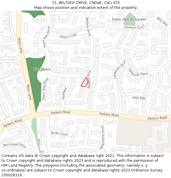 15, BELTONY DRIVE, CREWE, CW1 4TX: Location map and indicative extent of plot