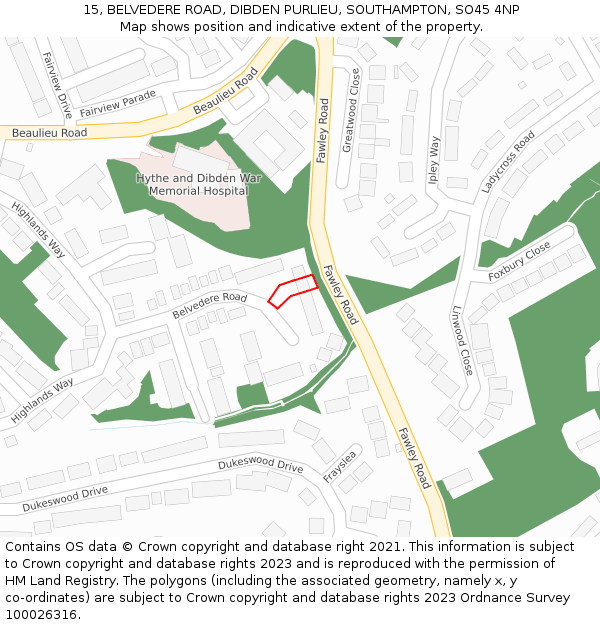 15, BELVEDERE ROAD, DIBDEN PURLIEU, SOUTHAMPTON, SO45 4NP: Location map and indicative extent of plot