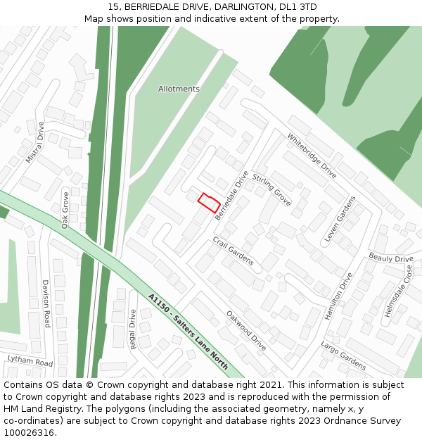 15, BERRIEDALE DRIVE, DARLINGTON, DL1 3TD: Location map and indicative extent of plot