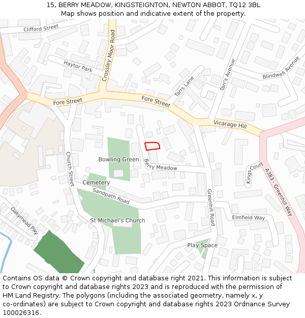 15, BERRY MEADOW, KINGSTEIGNTON, NEWTON ABBOT, TQ12 3BL: Location map and indicative extent of plot