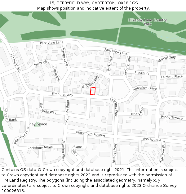 15, BERRYFIELD WAY, CARTERTON, OX18 1GS: Location map and indicative extent of plot