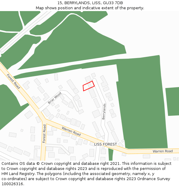 15, BERRYLANDS, LISS, GU33 7DB: Location map and indicative extent of plot