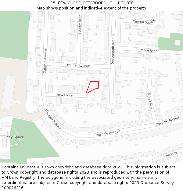 15, BEW CLOSE, PETERBOROUGH, PE2 8TF: Location map and indicative extent of plot