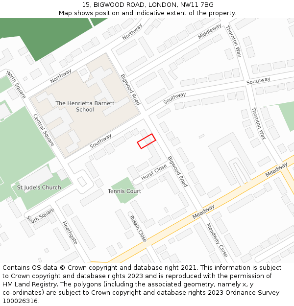 15, BIGWOOD ROAD, LONDON, NW11 7BG: Location map and indicative extent of plot