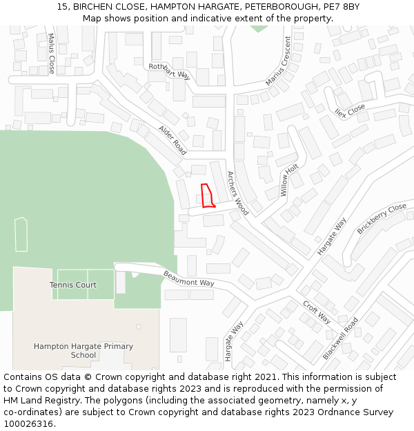 15, BIRCHEN CLOSE, HAMPTON HARGATE, PETERBOROUGH, PE7 8BY: Location map and indicative extent of plot