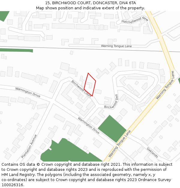 15, BIRCHWOOD COURT, DONCASTER, DN4 6TA: Location map and indicative extent of plot