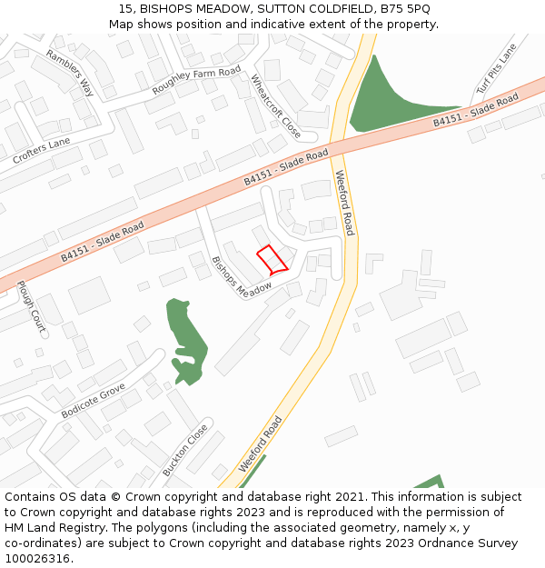 15, BISHOPS MEADOW, SUTTON COLDFIELD, B75 5PQ: Location map and indicative extent of plot