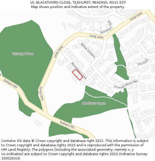 15, BLACKTHORN CLOSE, TILEHURST, READING, RG31 6ZY: Location map and indicative extent of plot