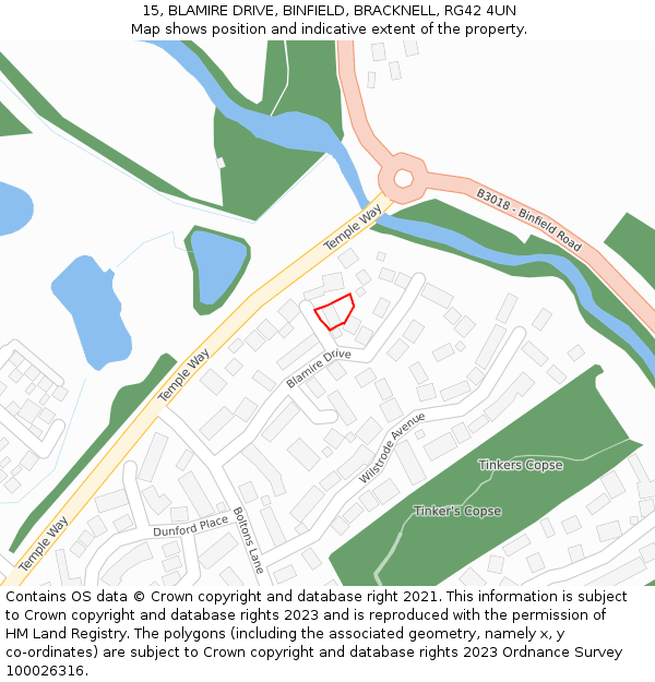 15, BLAMIRE DRIVE, BINFIELD, BRACKNELL, RG42 4UN: Location map and indicative extent of plot