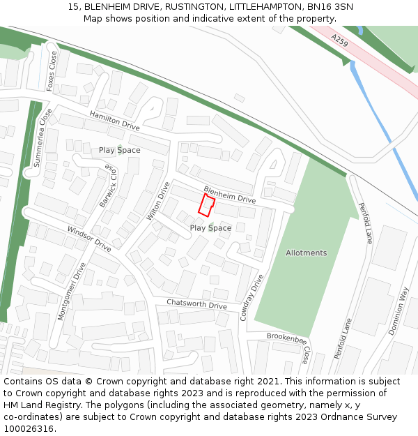 15, BLENHEIM DRIVE, RUSTINGTON, LITTLEHAMPTON, BN16 3SN: Location map and indicative extent of plot