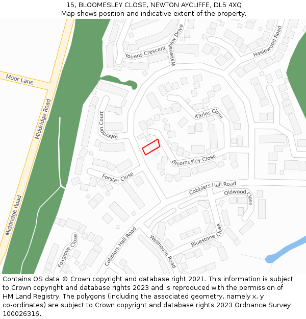 15, BLOOMESLEY CLOSE, NEWTON AYCLIFFE, DL5 4XQ: Location map and indicative extent of plot