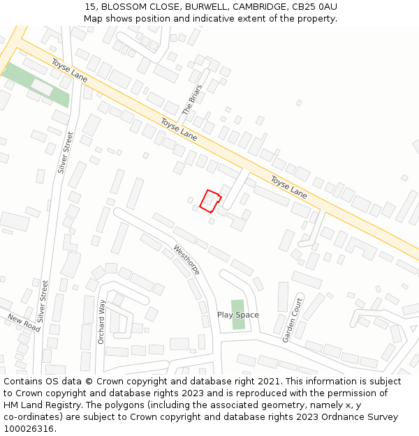 15, BLOSSOM CLOSE, BURWELL, CAMBRIDGE, CB25 0AU: Location map and indicative extent of plot
