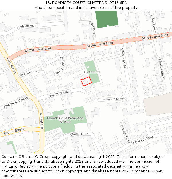 15, BOADICEA COURT, CHATTERIS, PE16 6BN: Location map and indicative extent of plot