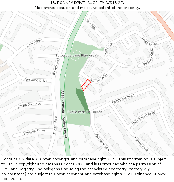 15, BONNEY DRIVE, RUGELEY, WS15 2FY: Location map and indicative extent of plot