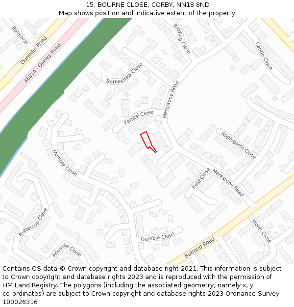 15, BOURNE CLOSE, CORBY, NN18 8ND: Location map and indicative extent of plot