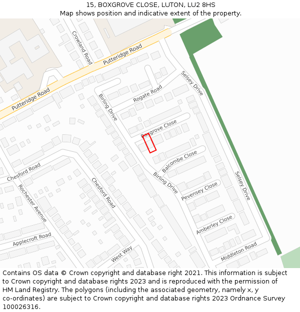 15, BOXGROVE CLOSE, LUTON, LU2 8HS: Location map and indicative extent of plot