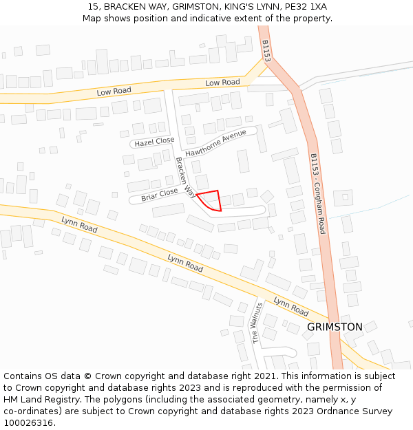 15, BRACKEN WAY, GRIMSTON, KING'S LYNN, PE32 1XA: Location map and indicative extent of plot