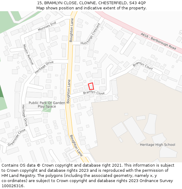 15, BRAMLYN CLOSE, CLOWNE, CHESTERFIELD, S43 4QP: Location map and indicative extent of plot