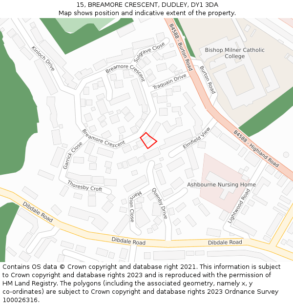 15, BREAMORE CRESCENT, DUDLEY, DY1 3DA: Location map and indicative extent of plot