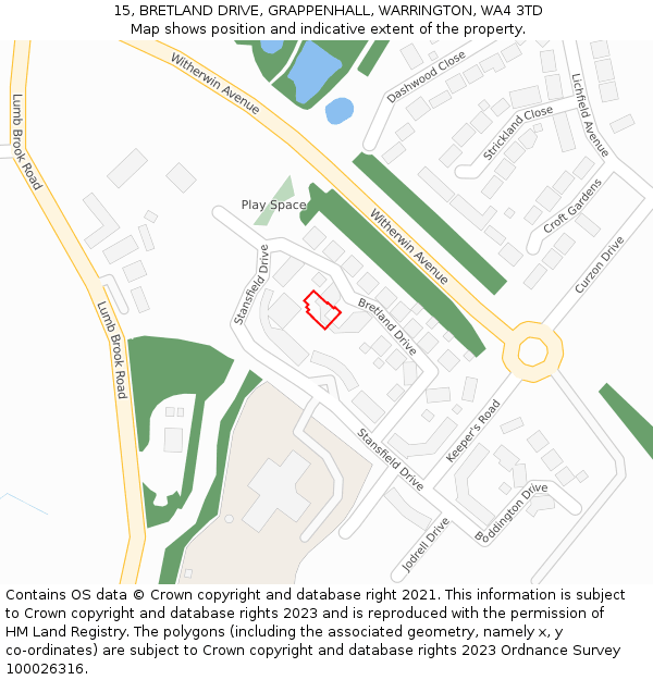 15, BRETLAND DRIVE, GRAPPENHALL, WARRINGTON, WA4 3TD: Location map and indicative extent of plot
