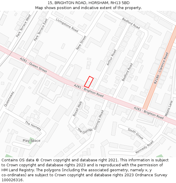 15, BRIGHTON ROAD, HORSHAM, RH13 5BD: Location map and indicative extent of plot