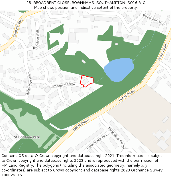 15, BROADBENT CLOSE, ROWNHAMS, SOUTHAMPTON, SO16 8LQ: Location map and indicative extent of plot