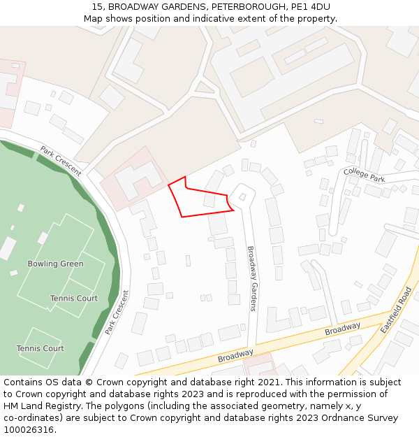 15, BROADWAY GARDENS, PETERBOROUGH, PE1 4DU: Location map and indicative extent of plot