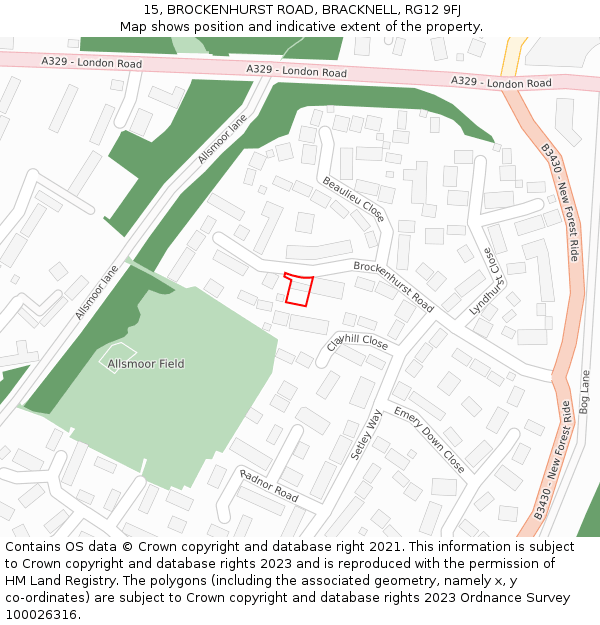 15, BROCKENHURST ROAD, BRACKNELL, RG12 9FJ: Location map and indicative extent of plot