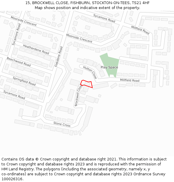 15, BROCKWELL CLOSE, FISHBURN, STOCKTON-ON-TEES, TS21 4HF: Location map and indicative extent of plot