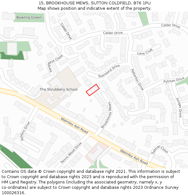 15, BROOKHOUSE MEWS, SUTTON COLDFIELD, B76 1PU: Location map and indicative extent of plot