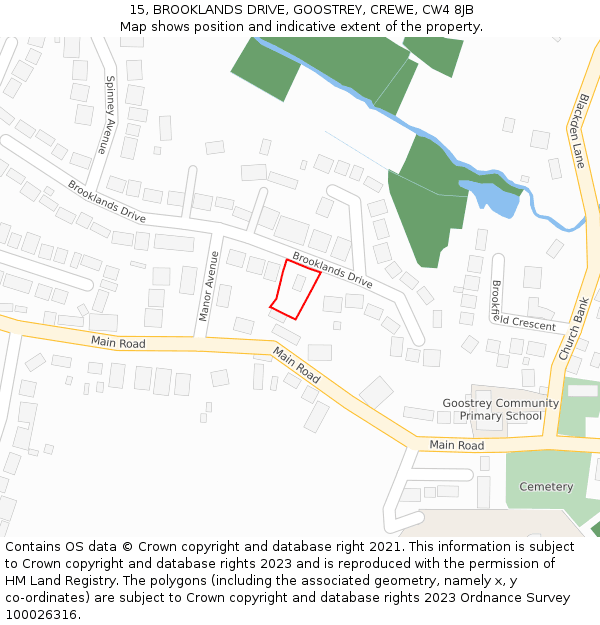 15, BROOKLANDS DRIVE, GOOSTREY, CREWE, CW4 8JB: Location map and indicative extent of plot