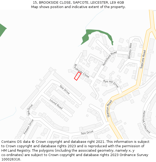 15, BROOKSIDE CLOSE, SAPCOTE, LEICESTER, LE9 4GB: Location map and indicative extent of plot