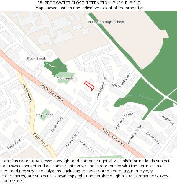 15, BROOKWATER CLOSE, TOTTINGTON, BURY, BL8 3LD: Location map and indicative extent of plot