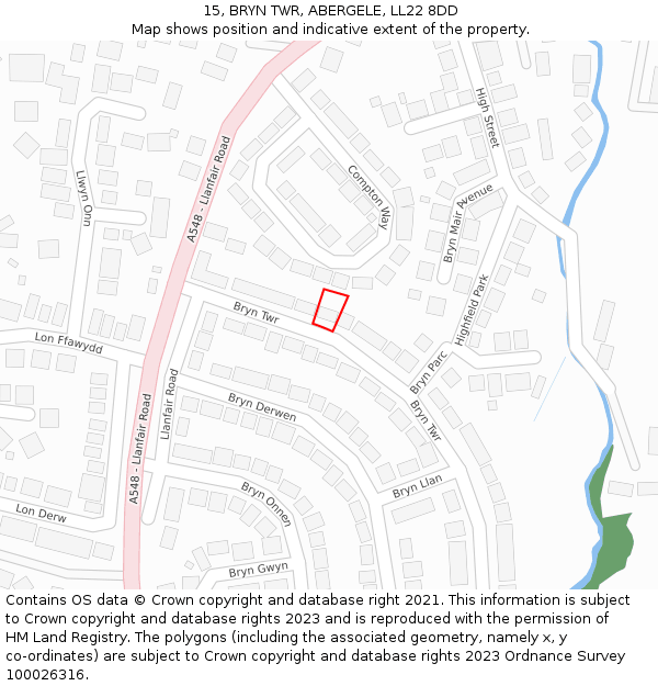 15, BRYN TWR, ABERGELE, LL22 8DD: Location map and indicative extent of plot