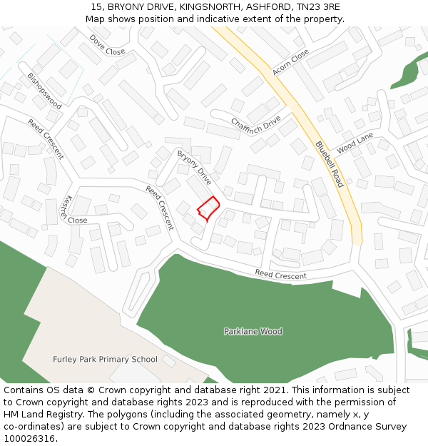15, BRYONY DRIVE, KINGSNORTH, ASHFORD, TN23 3RE: Location map and indicative extent of plot