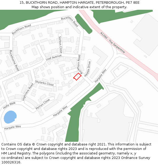 15, BUCKTHORN ROAD, HAMPTON HARGATE, PETERBOROUGH, PE7 8EE: Location map and indicative extent of plot