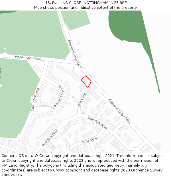 15, BULLINS CLOSE, NOTTINGHAM, NG5 8SE: Location map and indicative extent of plot