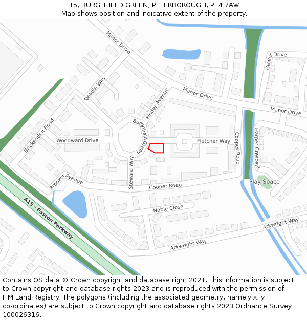 15, BURGHFIELD GREEN, PETERBOROUGH, PE4 7AW: Location map and indicative extent of plot