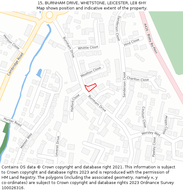 15, BURNHAM DRIVE, WHETSTONE, LEICESTER, LE8 6HY: Location map and indicative extent of plot