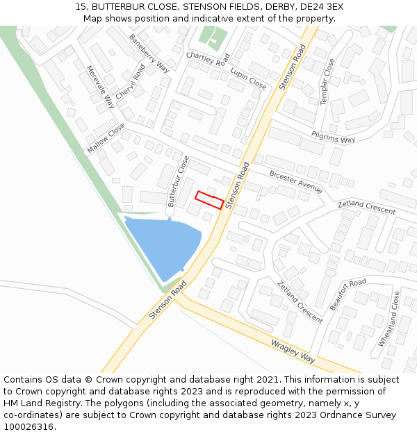 15, BUTTERBUR CLOSE, STENSON FIELDS, DERBY, DE24 3EX: Location map and indicative extent of plot