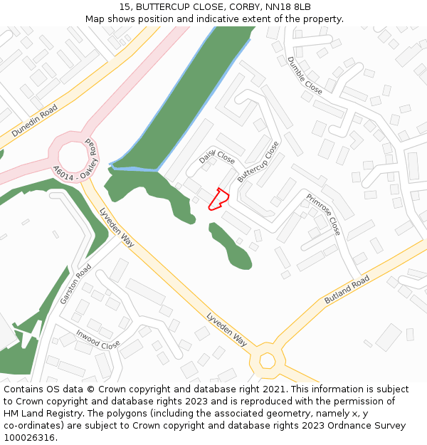 15, BUTTERCUP CLOSE, CORBY, NN18 8LB: Location map and indicative extent of plot