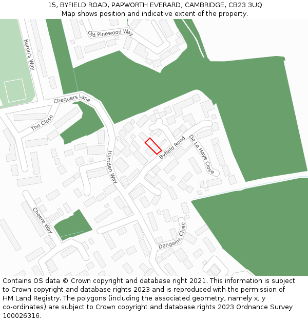 15, BYFIELD ROAD, PAPWORTH EVERARD, CAMBRIDGE, CB23 3UQ: Location map and indicative extent of plot
